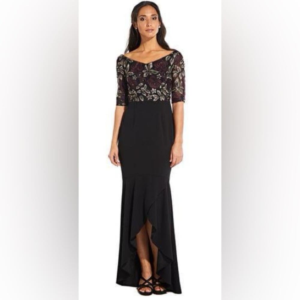 NEW Adrianna Papell Black Plum Metallic Floral Dress Formal Wedding Holiday Gala